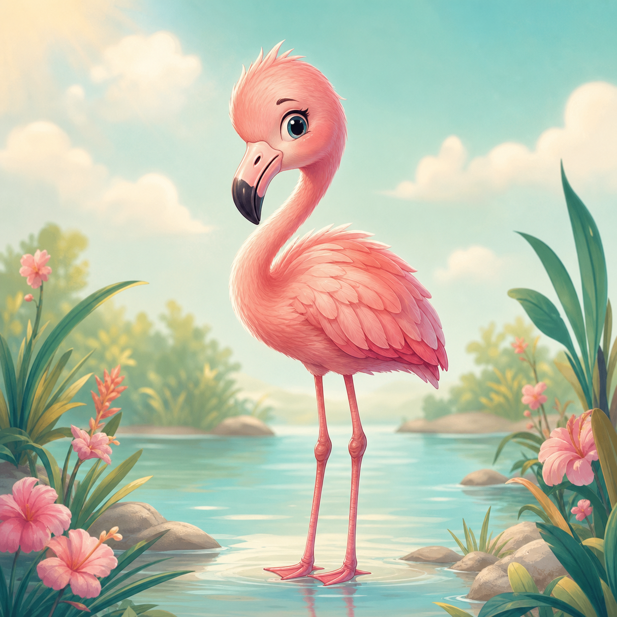 A charming illustrated young flamingo.