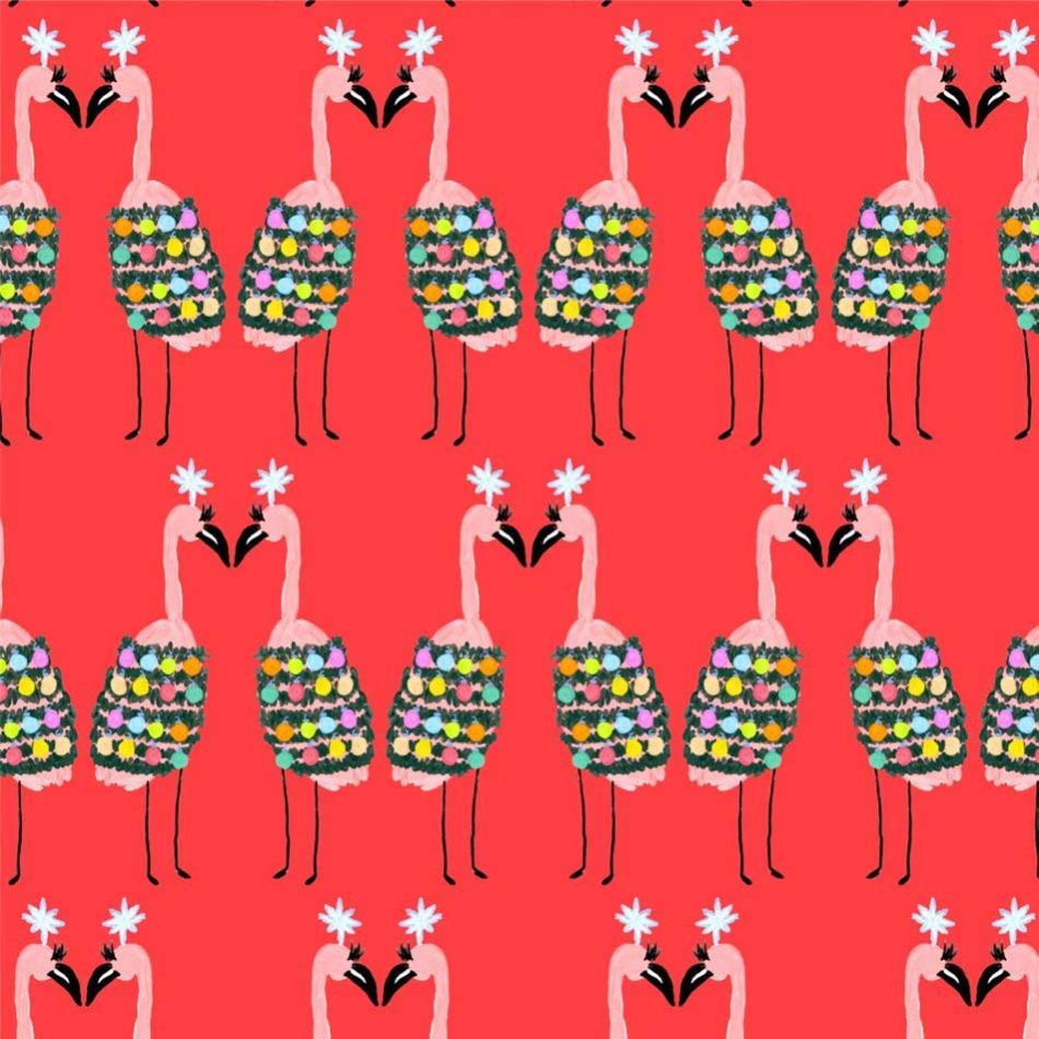 Christmas-red gift wrapping paper with flamingos