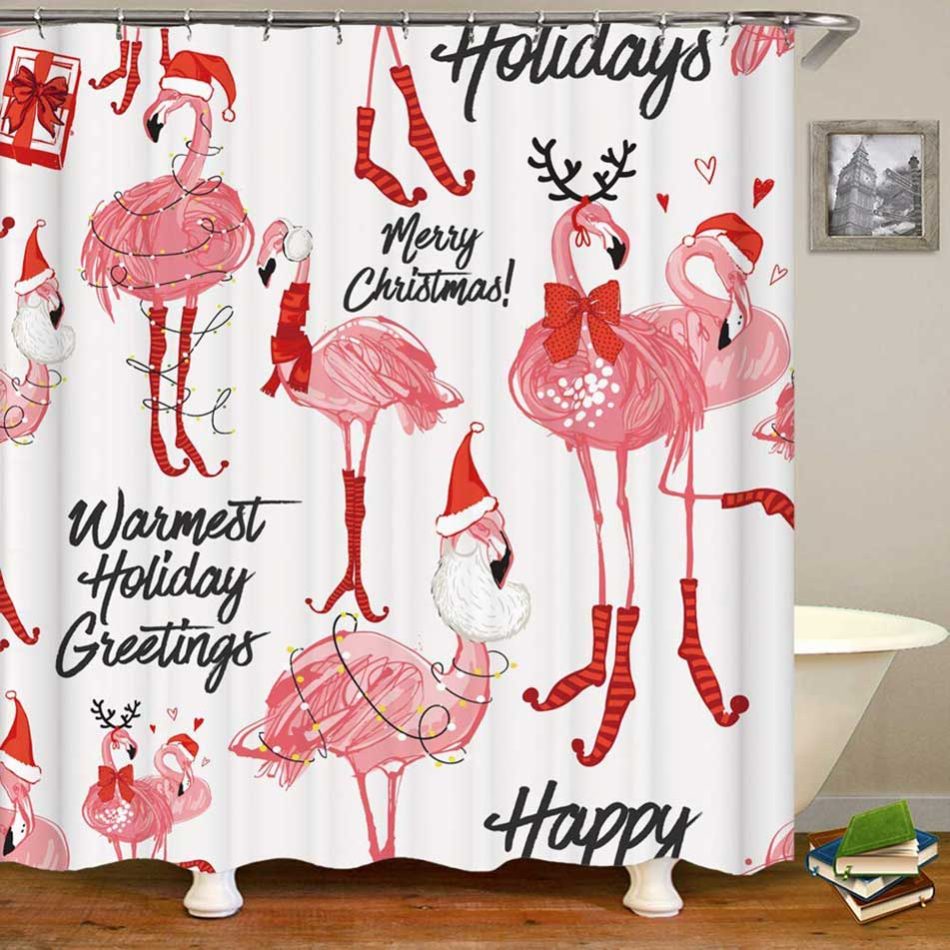 Colorful flamingo shower curtain for bringing Christmas mood to bathroom